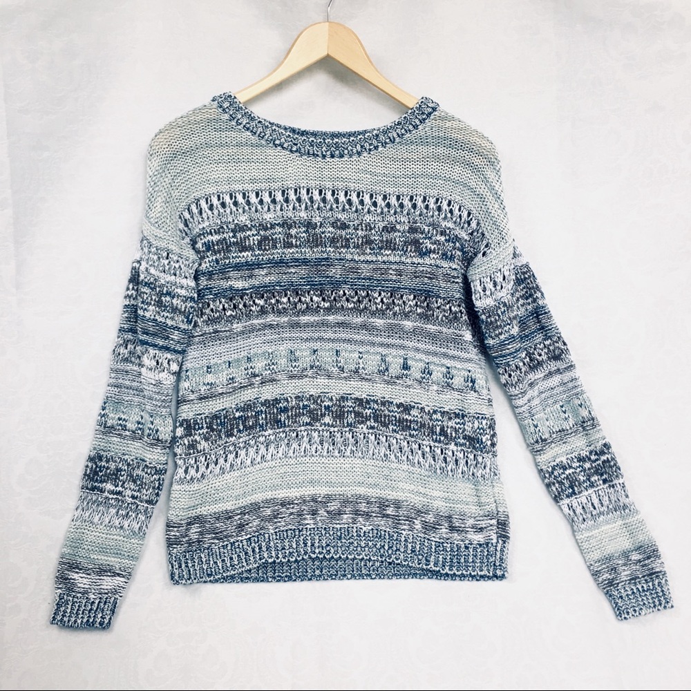 Ytuieky Knit Sweater Blue Green Brown White Stripe